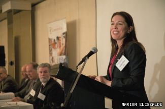 QUESCREN's Coordinator-Researcher Lorraine O'Donnell (right) addresses the crowd at the network launch at the La Plaza Holiday Inn Midtown Montreal on April 17.